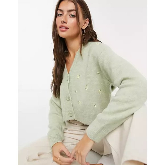 Mango Sweaters - Mango Flower Embroidered V-Neck Cardigan Sweater